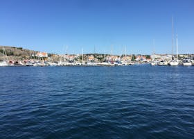 Beautiful Swedish marina view featuring sailboats docked under a bright blue sky.